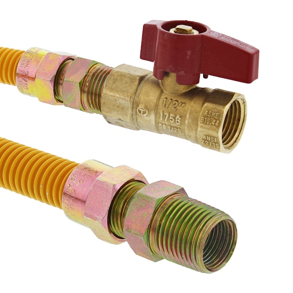 Jones Stephens 1/2in OD 3/8in ID Gas Connector Assembly, Yellow Coated, 1/2in MIP x 1/2in FIP Ball Valve x 36in G72317 - main